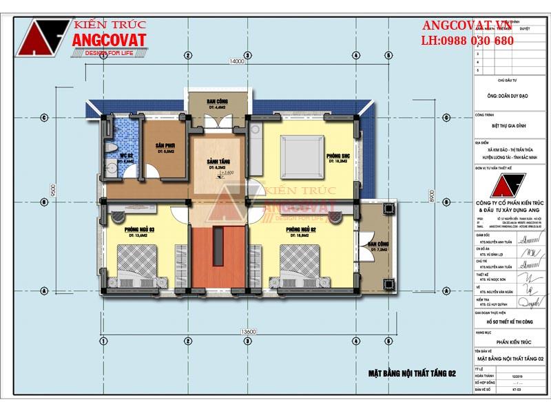 Thiết kế tầng 2 của nhà 2 tầng 3 phòng ngủ 5x20m