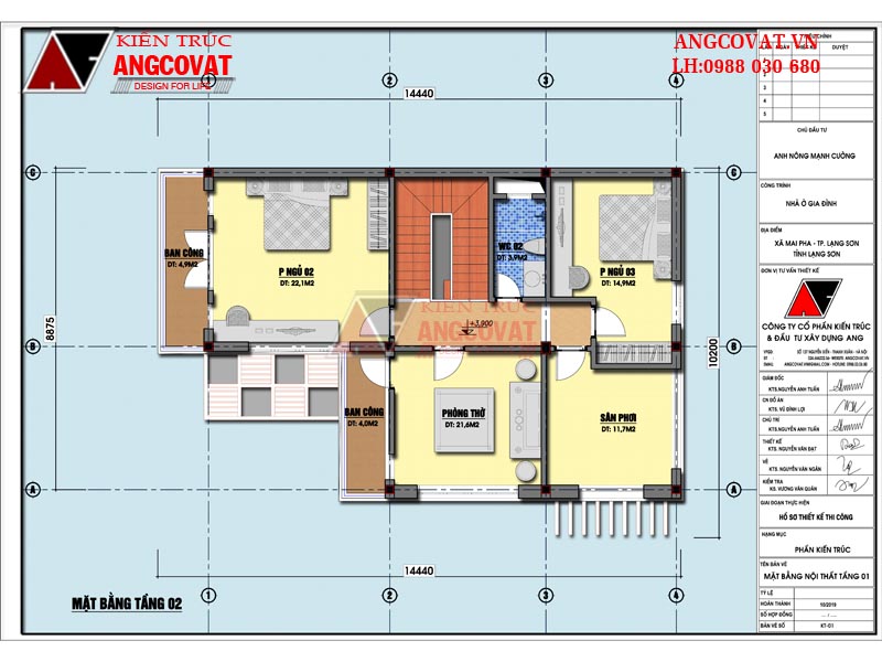 Bản vẽ nhà 2 tầng 3 phòng ngủ 5x20m ở tầng 2