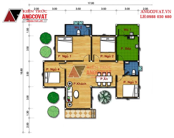 Mẫu nhà 1 tầng 4 phòng ngủ 17x16m mái thái đẹp phong cách châu Âu 2