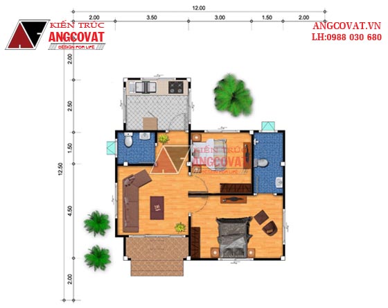 Mẫu thiết kế nhà 6x8m 1 tầng 2 phòng ngủ mái thái nhỏ xinh 2